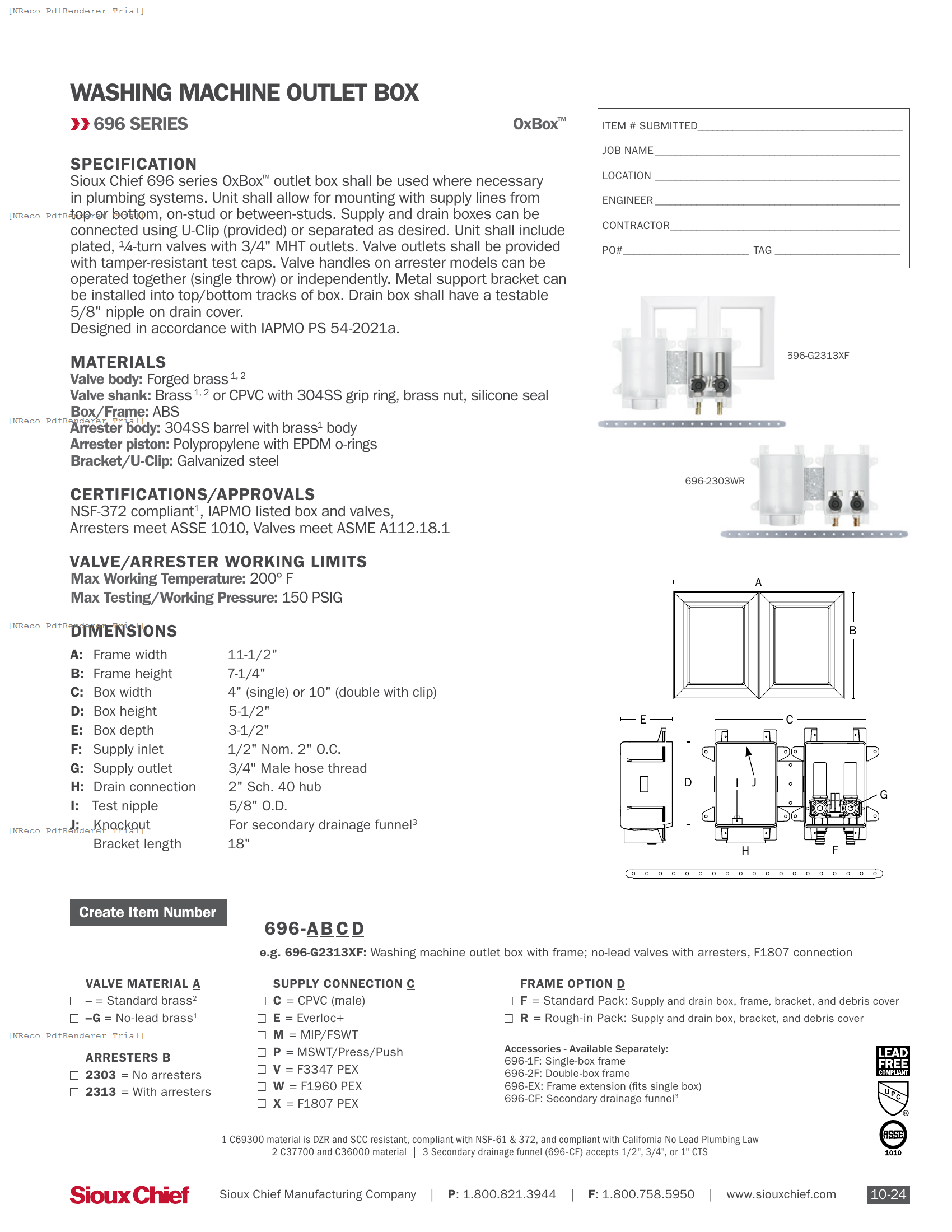696 SERIES - OXBOX WASHING MACHINE OUTLET BOX - SPEC SHEET.PDF Specification Document